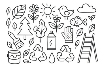 Obraz premium Doodle Environmental Mural. Hand-drawn doodle illustration Environmental mural wall surface, leaves, flowers, birds, fish, trees, brushes, spray can, paint