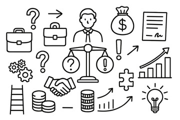 Entrepreneur Decisions Doodles. Hand-drawn doodle illustration Entrepreneur decision making scale, question mark, exclamation mark, briefcase, money bag,