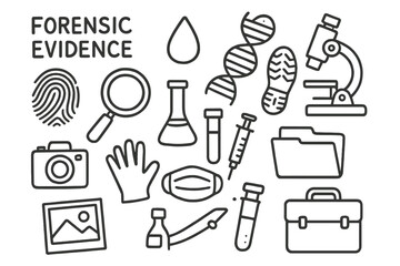 Forensic Science Doodles. Hand-drawn doodle illustration forensic evidence fingerprint, DNA strand, blood drop, shoeprint, magnifying glass, microscope, vial,