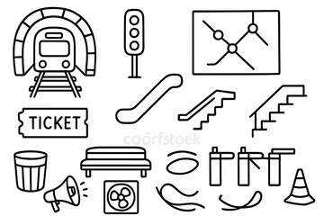 Subway Elements Doodle. Hand-drawn doodle illustration Subway tunnels train, tracks, tunnel arch, signal light, map, escalator, stairway, ticket, bench, trash