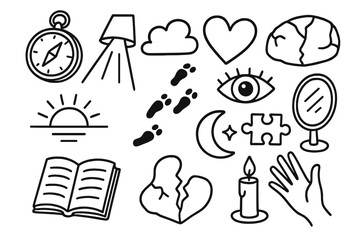 Soul Searching Symbols. Hand-drawn doodle illustration soul searching compass, light beam, cloud, heart, cracked stone, eye, horizon line, footstep trail, open