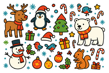 Fototapeta premium Colorful Winter Doodle. Winter animals. Colorful Hand-drawn doodle Children illustration Reindeer, penguin, polar bear, snowman, birds, squirrel, ornaments,