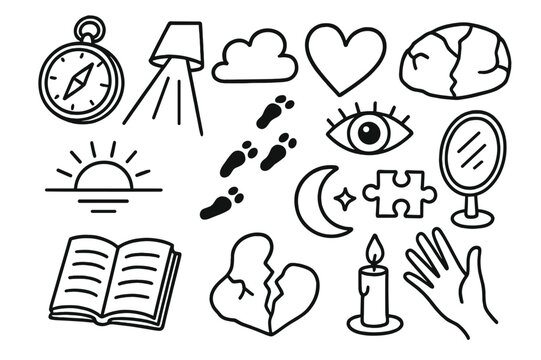 Soul Searching Symbols. Hand-drawn doodle illustration soul searching compass, light beam, cloud, heart, cracked stone, eye, horizon line, footstep trail, open