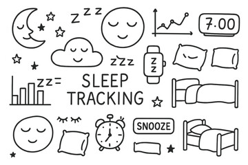 Sleep Tracking Icons. Hand-drawn doodle illustration Sleep Tracking crescent moons, stars, sleeping face, beds, pillows, clocks, ZZZ icons, sleep bars, graphs,