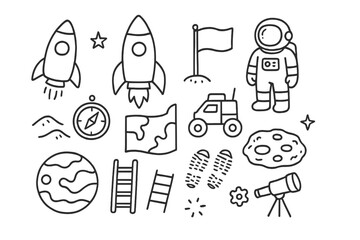 Mars Exploration Doodle. Hand-drawn doodle illustration Mars travel [spaceship, rocket, astronaut, flag, rover, map, compass, crater, sand dune, gear, ladder,