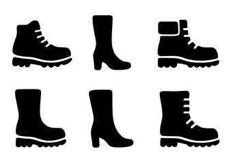 Black Boot Icons. Solid, filled icon set of boot uses: hiking, riding, working, snow walking, fashion, military, rain protection, motorcycling. Solid, filled