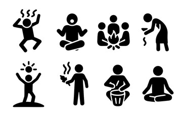 Shamanic Ritual Icons. Solid, filled icon set of shamanic rituals: trance dance, chanting, fire circle, offering, vision quest, cleansing, drumming,