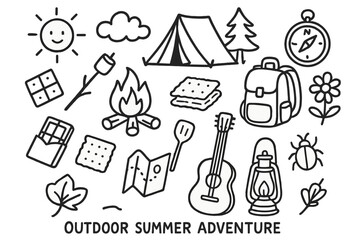 Fototapeta premium Summer Camping Doodle. Hand-drawn doodle illustration Outdoor summer adventure [tent, campfire, marshmallow stick, chocolate bar, cracker, backpack, tree,