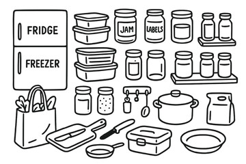 Kitchen Doodle Icons. Hand-drawn doodle illustration Kitchen organization fridge, freezer, food containers, jars, labels, spice rack, shelf, basket, grocery