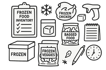 Frozen Foods Inventory. Hand-drawn doodle illustration [frozen food inventory] [checklist, inventory sheet, frozen chicken, barcode scanner, bagged food,