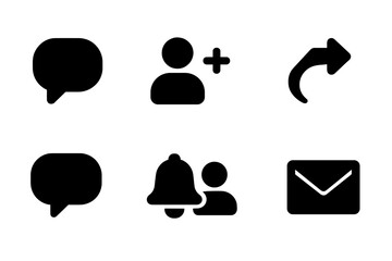 Social Icons Grid. Solid, filled icon set of social network: chat bubble, friend request, like/thumbs up, share, comment, notification bell, user group,