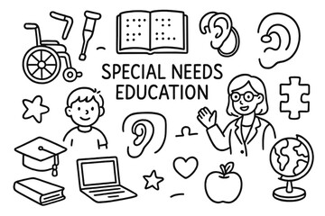 Inclusive Education Icons. Hand-drawn doodle illustration Special needs education wheelchair, crutch, braille book, hearing aid, child, teacher, puzzle piece,