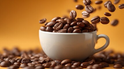 Fresh Coffee Beans Falling from Cup on Vibrant Orange Background