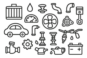 Fototapeta premium Car Engine Doodle Icons. Hand-drawn doodle illustration engine cooling system radiator, fan, water droplet, hose, thermostat, pump, car outline, gauge, pipe,