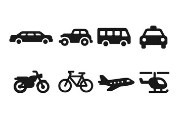 Fototapeta premium Red Carpet Transport Icons. Solid, filled icon set of red carpet transport: limousine, vintage car, shuttle bus, taxi, motorcycle, bicycle, private jet,