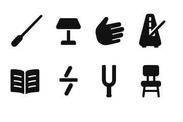 Conductor Tools Icons. Solid, filled icon set of conductor tools: baton, conductor podium, hand gesture, metronome, conductor score, tempo markings, tuning