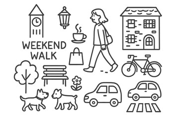 Weekend Stroll Icons. Hand-drawn doodle illustration Weekend walk through old town [clock tower, lantern, brick building, cafe cup, shopping bag, person