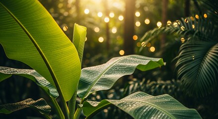 Detail of the striking parallel veins and texture on wet banana foliage, with sunbeams and flares providing dramatic lighting and atmosphere