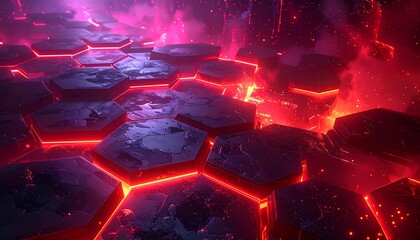 Abstract hexagonal pattern, glowing red, dark