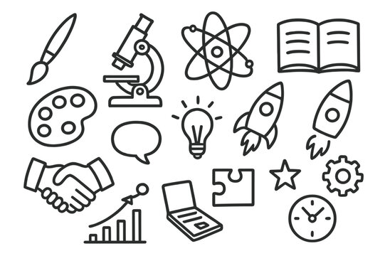 Art Meets Science Icons. Hand-drawn doodle illustration Art and science partnership paintbrush, palette, microscope, atom, rocket, book, laptop, puzzle piece,