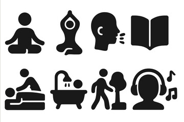 Soothing Activity Icons. Solid, filled icon set of soothing activities: meditation, yoga pose, deep breathing, reading book, massage, bath tub, nature walk,