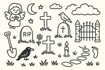 Obraz premium Cemetery Doodle Icons. Hand-drawn doodle illustration cemetery and gravestones tombstone, cross, flower, tree, crow, candle, grass, star, moon, shovel, gate,
