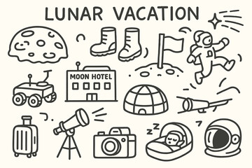 Obraz premium Moon Holiday Doodles. Hand-drawn doodle illustration Lunar Vacation moon surface, space boots, flag, rover, moon hotel, crater, luggage, low gravity jump,
