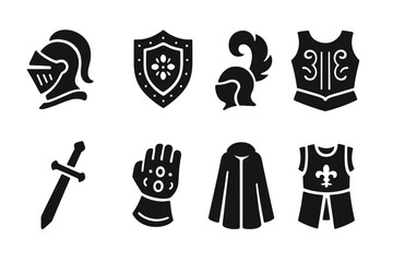 Ceremonial Armor Icons. Solid, filled icon set of ceremonial armor: ornamental helmet, decorative shield, plume, engraved breastplate, ceremonial sword,