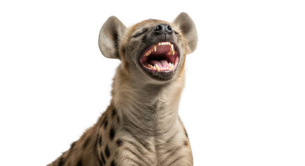 Hyena with mouth open showing teeth against a white background.