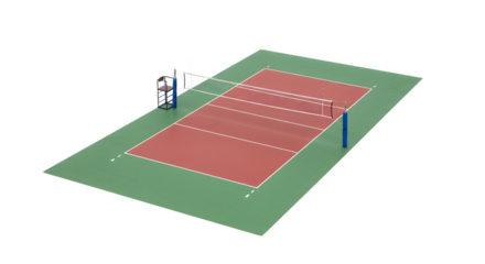 A complete outdoor volleyball court with net and posts.