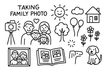 Family Photo Doodle. Hand-drawn doodle illustration Taking family photo camera, tripod, flash, smiling faces, group of people, heart, tree, sun, house, cloud,