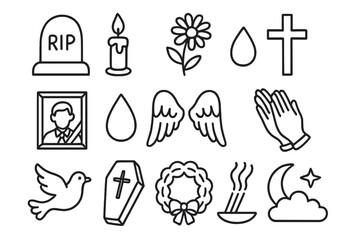 Death Rituals Icons. Hand-drawn doodle illustration customs and rituals surrounding death tombstone, candle, flower, cross, framed photo, teardrop, angel