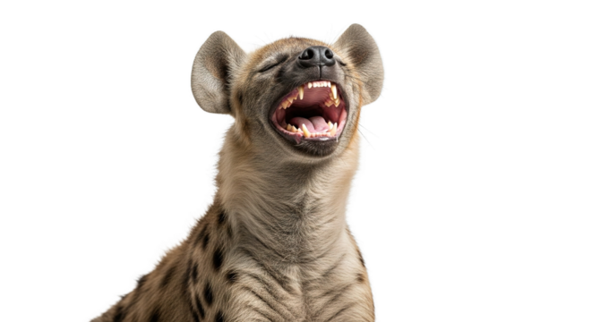 Hyena with mouth open showing teeth against a white background.