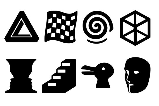 Visual Illusion Icons. Solid, filled icon set of visual illusions: impossible triangle, warped checkerboard, spiral vortex, mirrored cube, ambiguous face,