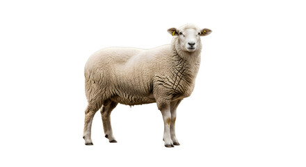 Fototapeta premium A fluffy white sheep standing on white background.