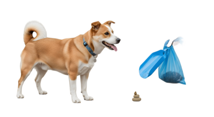 A dog stands next to a bag of its own waste.