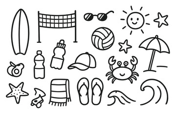 Fototapeta premium Beach Sports Doodles. Hand-drawn doodle illustration Beach sports surfboard, volleyball, net, ball, sunglasses, water bottle, cap, whistle, towel, umbrella,