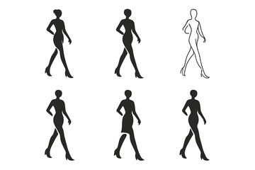 Fototapeta premium Harmonious Logo Variations. Model posing. Set Logo of model posing: Runway figure. harmonious logo variations of the same emblematic concept (Stylized detail,