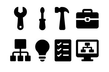 Problem-Solving Tools Icons. Solid, filled icon set of problem solving tools: wrench, screwdriver, hammer, toolbox, flowchart, idea bulb, checklist, computer