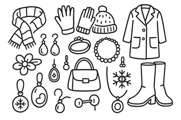 Winter Jewelry Doodle. Hand-drawn doodle illustration Jewelry with winter coats [scarf, gloves, wool hat, overcoat, boots, pearl earrings, ring, necklace,