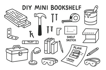 Obraz premium DIY Bookshelf Doodle. Hand-drawn doodle illustration DIY mini bookshelf setup [wooden planks, hammer, nails, paint can, tape measure, brackets, screws, level,