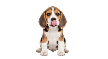 Adorable Beagle Puppy Licking Nose on White Background.