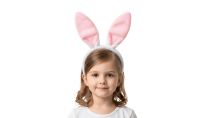 Adorable little girl wearing bunny ears smiling at the camera.