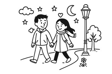 Romantic Stroll Doodles. Hand-drawn doodle illustration [romantic walk holding hands] [couple, hands joined, stars, moon, shoes, path, lamp post, cloud,