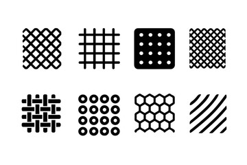 Strainer Icon Collection. Solid, filled icon set of strainer materials and textures: metal mesh, wire grid, perforated plate, fine netting, woven nylon,