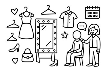 Dressing Room Doodles. Hand-drawn doodle illustration dressing room mirror mirror, hanger, clothes, dress, shirt, shoes, bag, chair, client figure, stylist,
