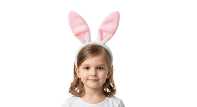 Adorable little girl wearing bunny ears smiling at the camera.