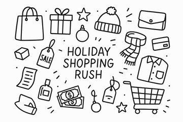 Holiday Shopping Doodle. Hand-drawn doodle illustration Holiday shopping rush [shopping bag, gift box, ribbon, star, ornament, hat, scarf, wallet, credit card,