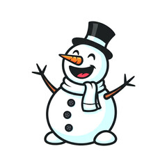 A delightful and friendly cartoon snowman, joyfully welcoming the winter season with a big smile and classic festive attire