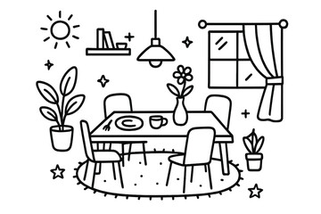 Spacious Dining Doodle. Hand-drawn doodle illustration Spacious dining area dining table, chairs, lamp, vase, plant, window, curtain, rug, shelf, book, plate,